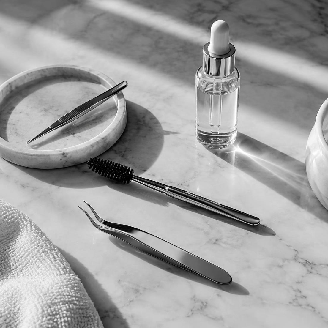Brow and lash tools on marble
